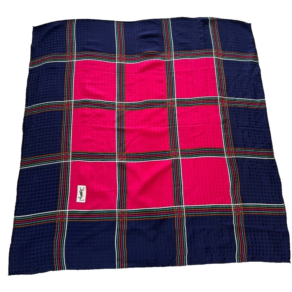 YSL Silk Scarf Vintage Navy Blue Pink 100% Silk Hand Rolled 33x33